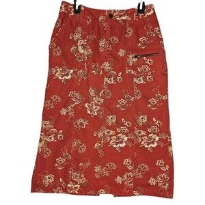 Eddie Bauer Women's Skirt Rust Red Floral Cotton Denim Midi, Sz 10 Petite